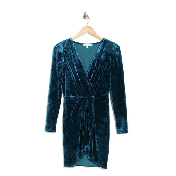 Vanity Room Velvet Long Sleeve Faux Wrap Mini Dress In Emerald Size M $168 - Picture 3 of 14